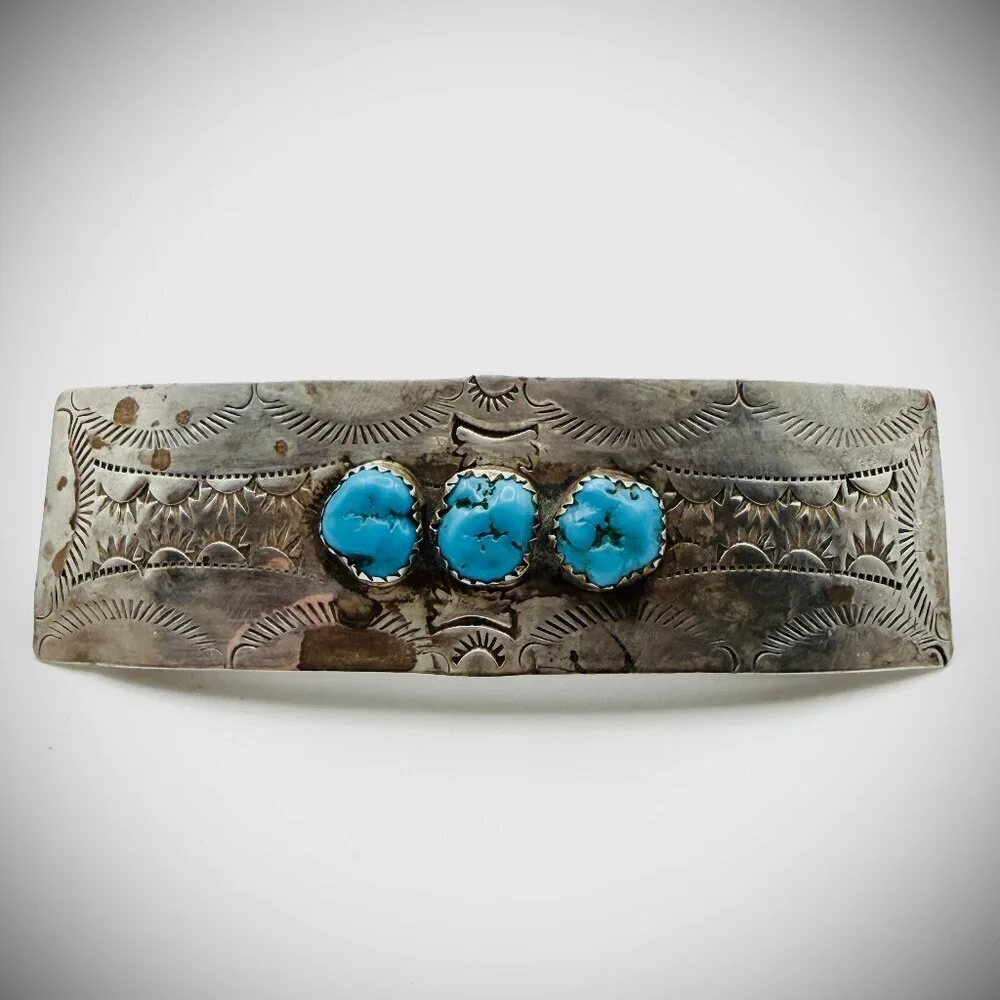 Vintage Sterling Silver Turquoise 3-Stone Barrette Hair Clip Vintage Sterling Silver Turquoise 3-Stone Barrette Hair Clip main image 2